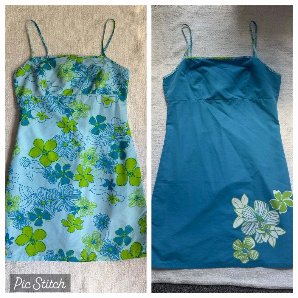 Y2K Women's Blue Green Hawaiian Floral Spaghetti Strap Mini Dress Reversible Med
